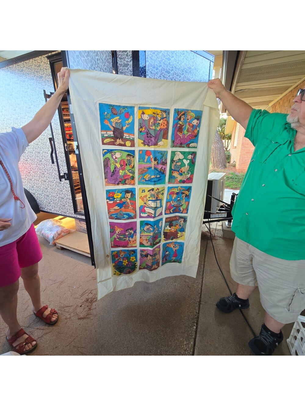 Rare Liquid Embroidery Hanna Barbera Flinstones Quilt Wall Art Vintage 42x68